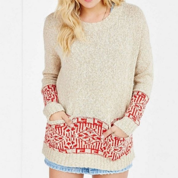NWOT UO Tan & Red Pattern Sweater - Picture 1 of 8